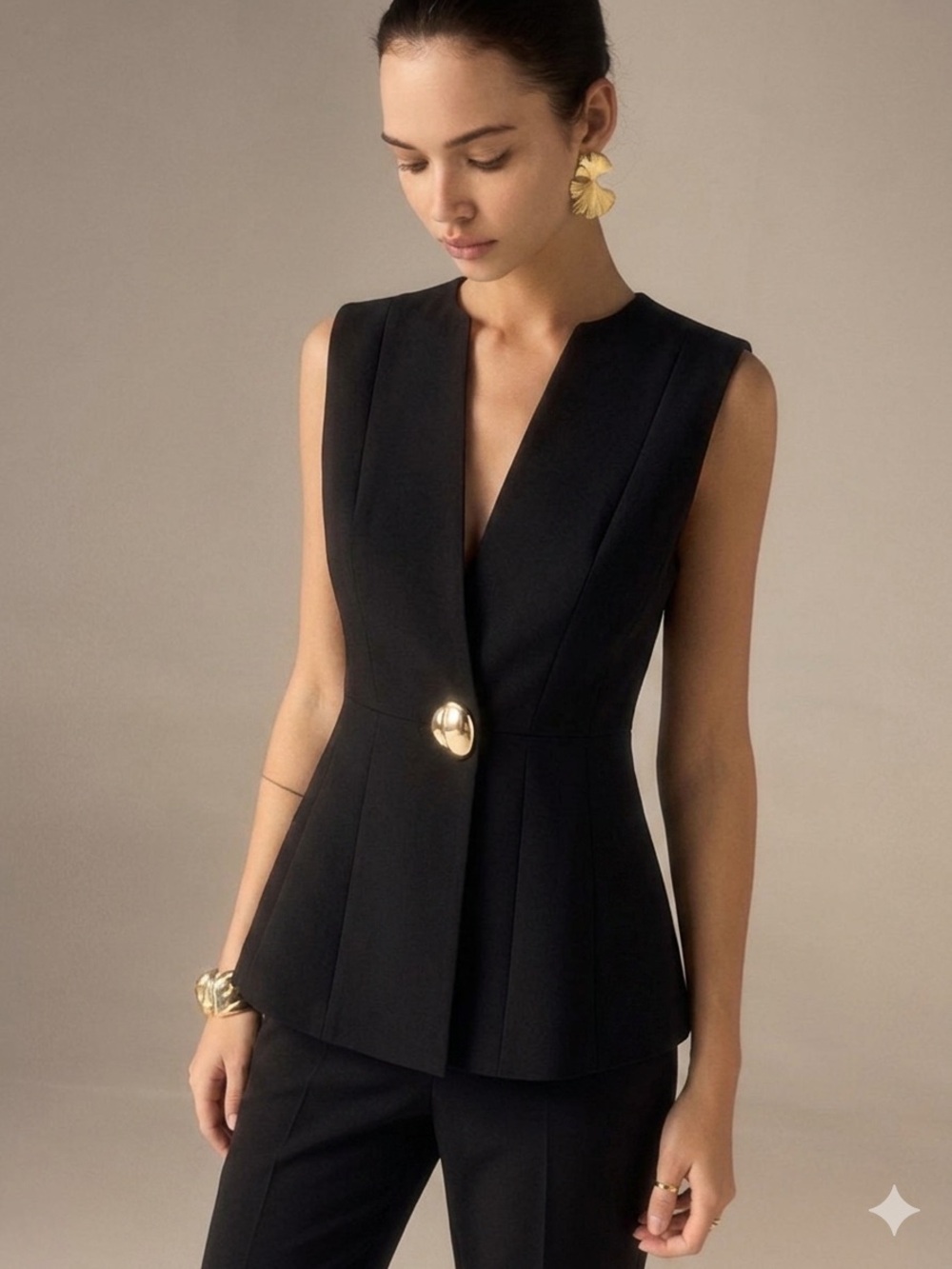 Commense Black Sleeveless Peplum Top with Gold Button Accent